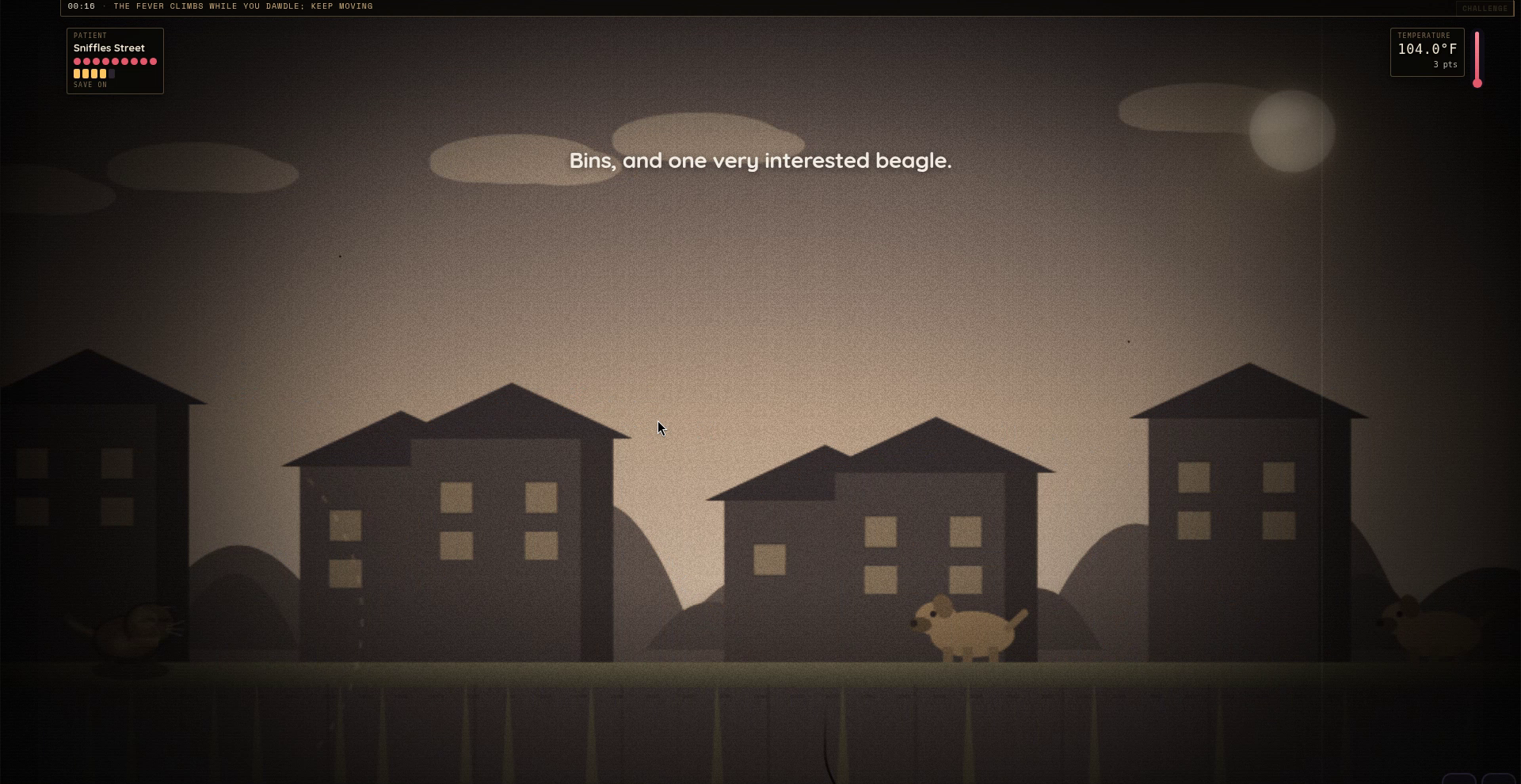 Gameplay still from The Fever Walk, saved for this sit