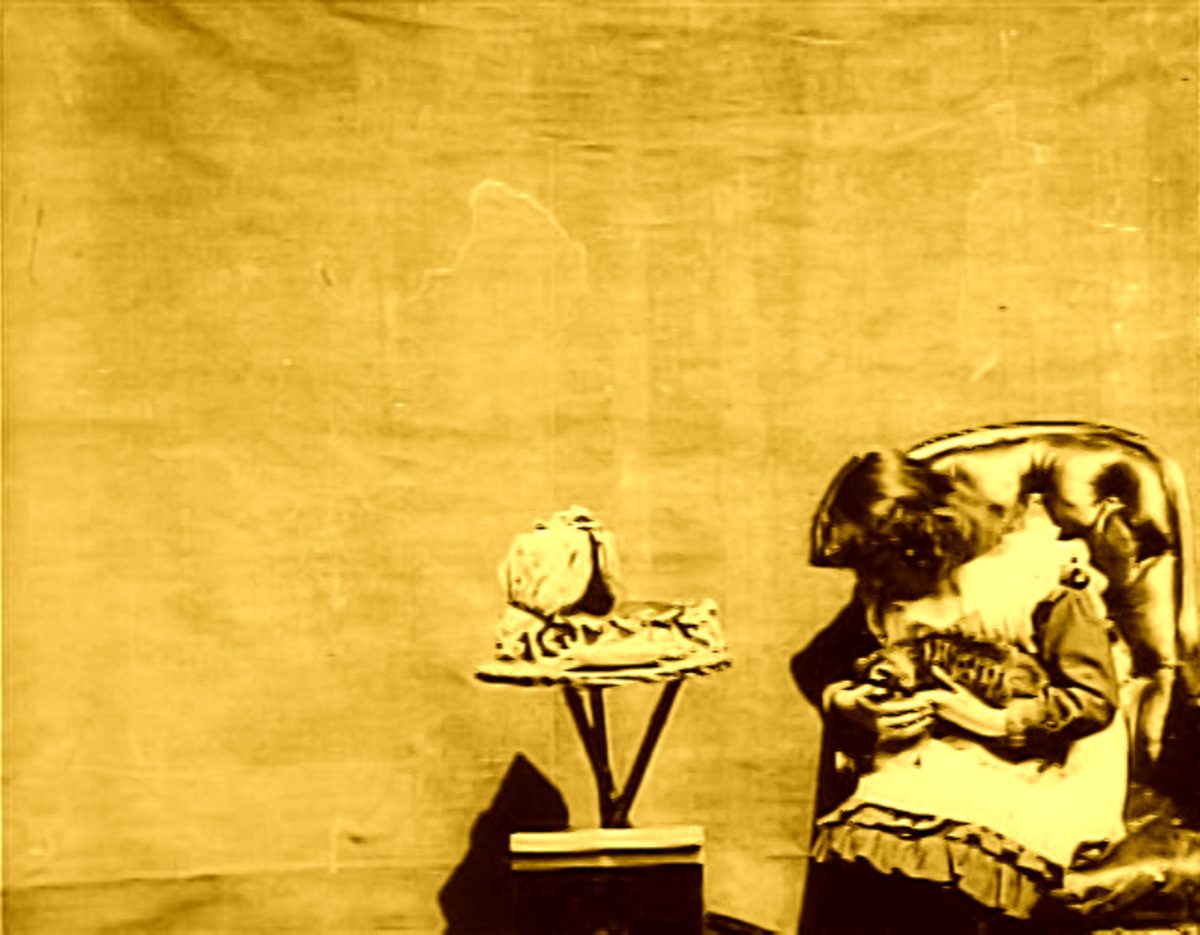 Wide establishing shot of the children and kitten from The Sick Kitten (1903)