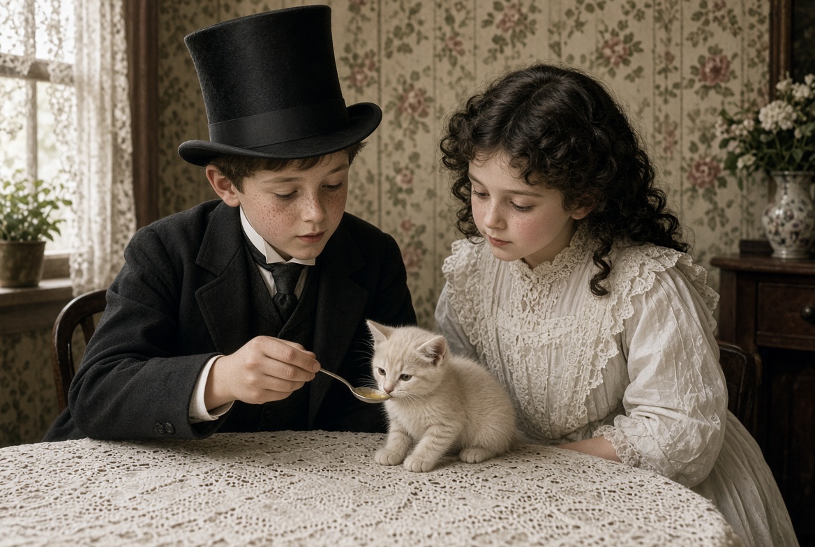 Children spoon medicine to a kitten
