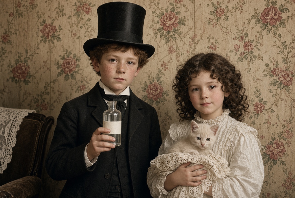 Boy with medicine bottle, girl with kitten