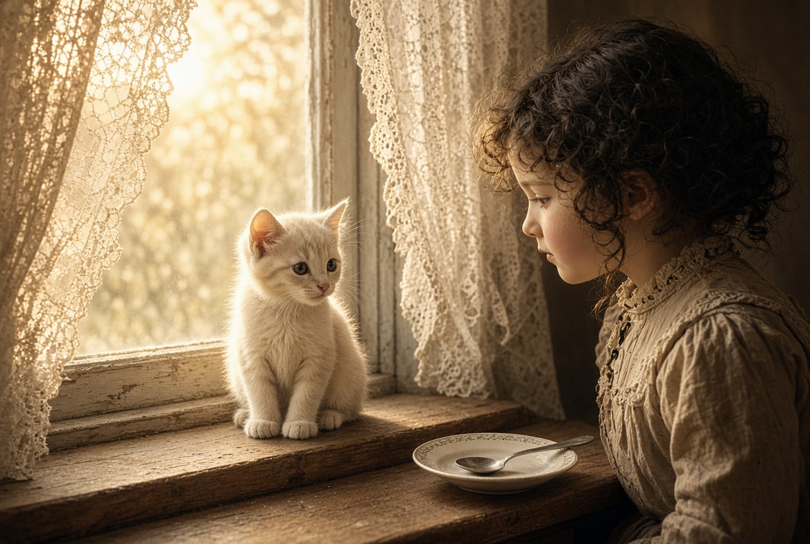 Kitten at window at dawn