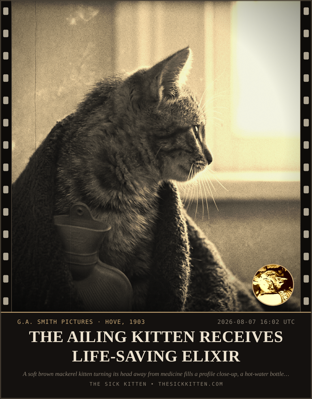 The Sick Kitten, frame no. 803: THE AILING KITTEN RECEIVES LIFE-SAVING ELIXIR