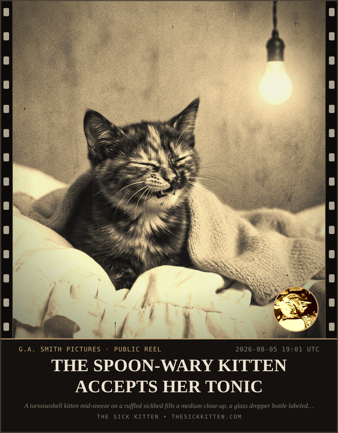 The Sick Kitten, frame no. 716: THE SPOON-WARY KITTEN ACCEPTS HER TONIC