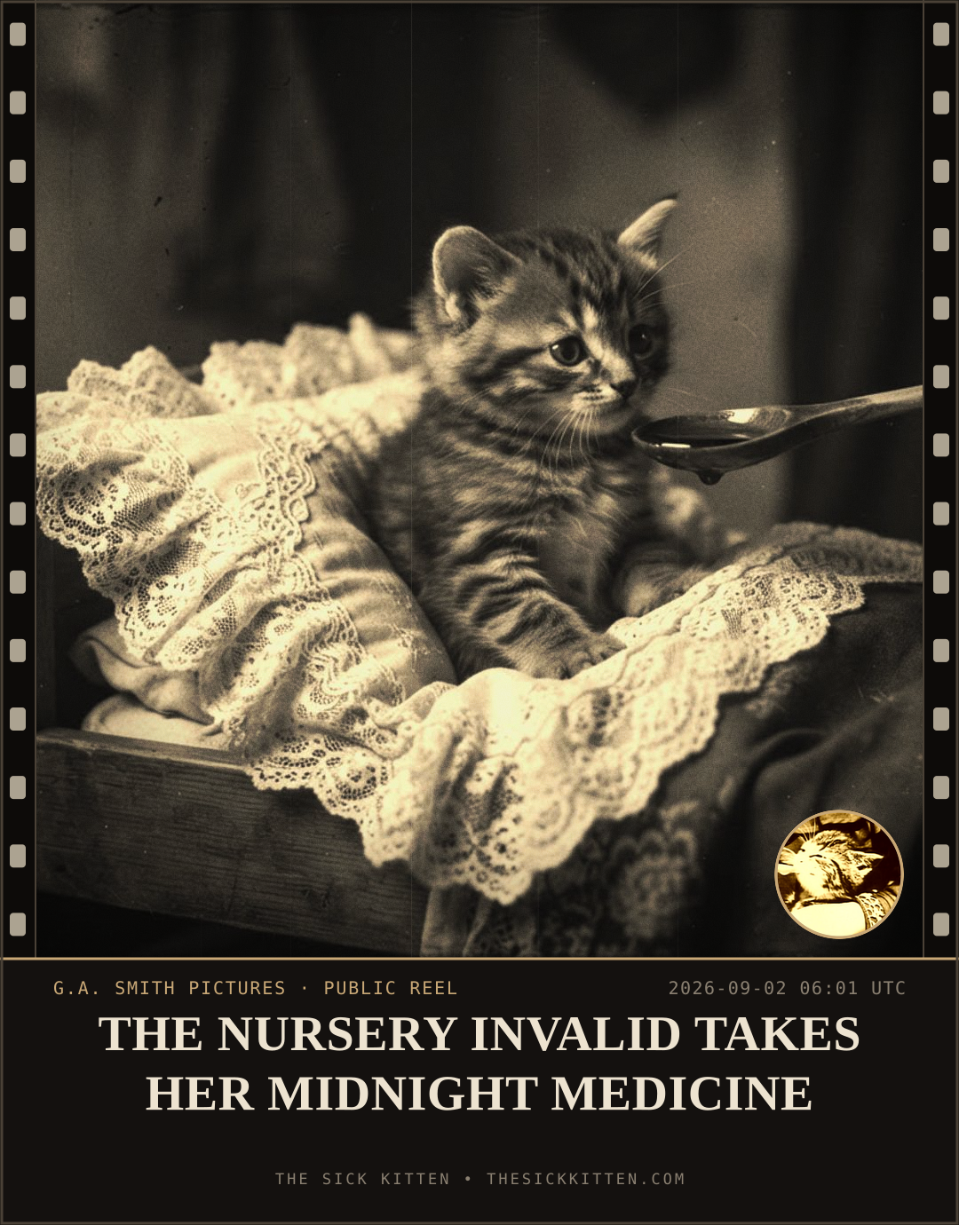 The Sick Kitten, frame no. 1011: THE NURSERY INVALID TAKES HER MIDNIGHT MEDICINE