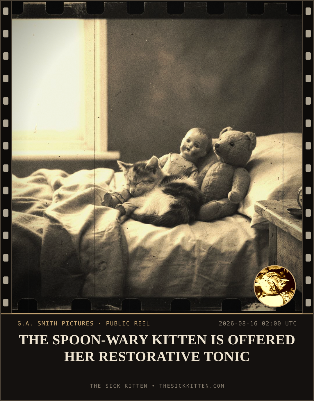 The Sick Kitten, frame no. 912: THE SPOON-WARY KITTEN IS OFFERED HER RESTORATIVE TONIC