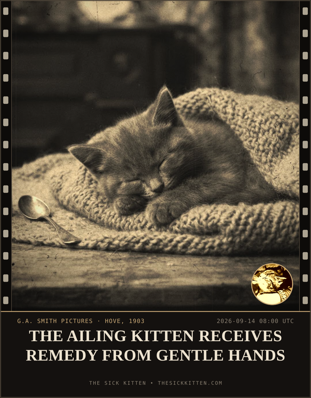 The Sick Kitten, frame no. 1112: THE AILING KITTEN RECEIVES REMEDY FROM GENTLE HANDS