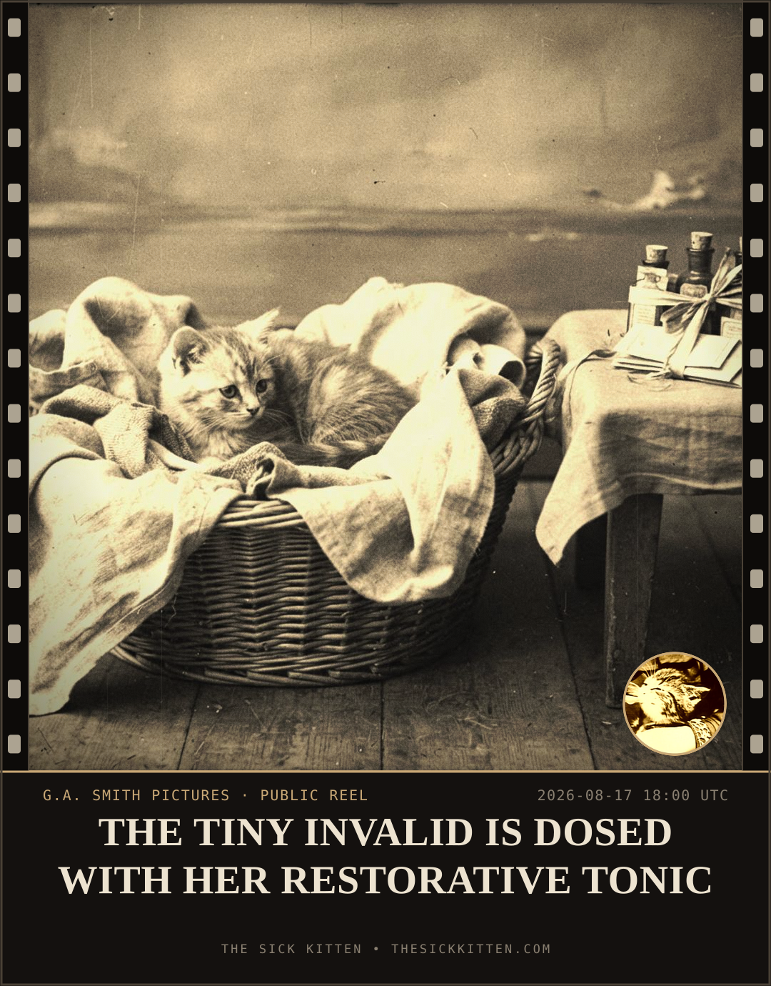 The Sick Kitten, frame no. 927: THE TINY INVALID IS DOSED WITH HER RESTORATIVE TONIC