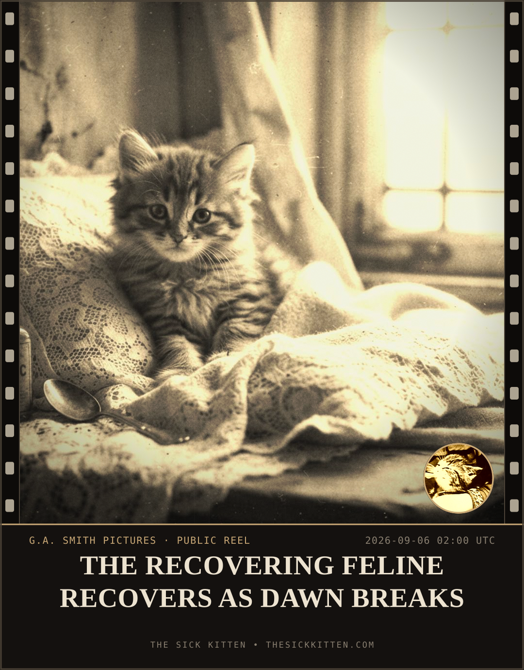 The Sick Kitten, frame no. 1037: THE RECOVERING FELINE RECOVERS AS DAWN BREAKS