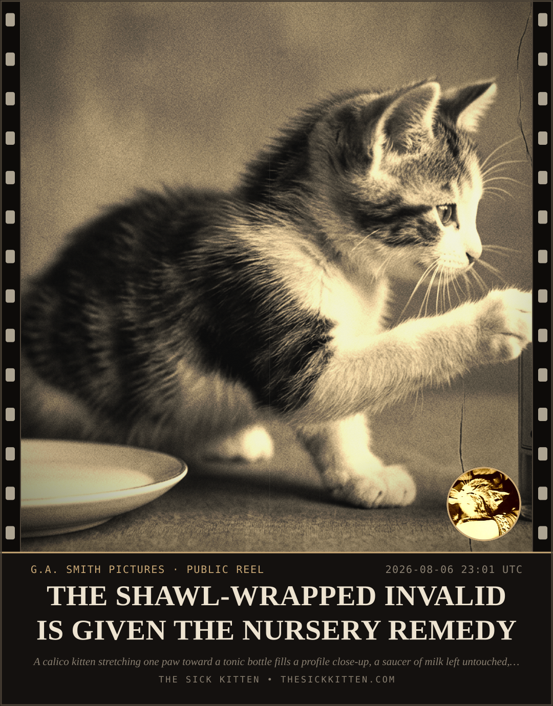 The Sick Kitten, frame no. 772: THE SHAWL-WRAPPED INVALID IS GIVEN THE NURSERY REMEDY