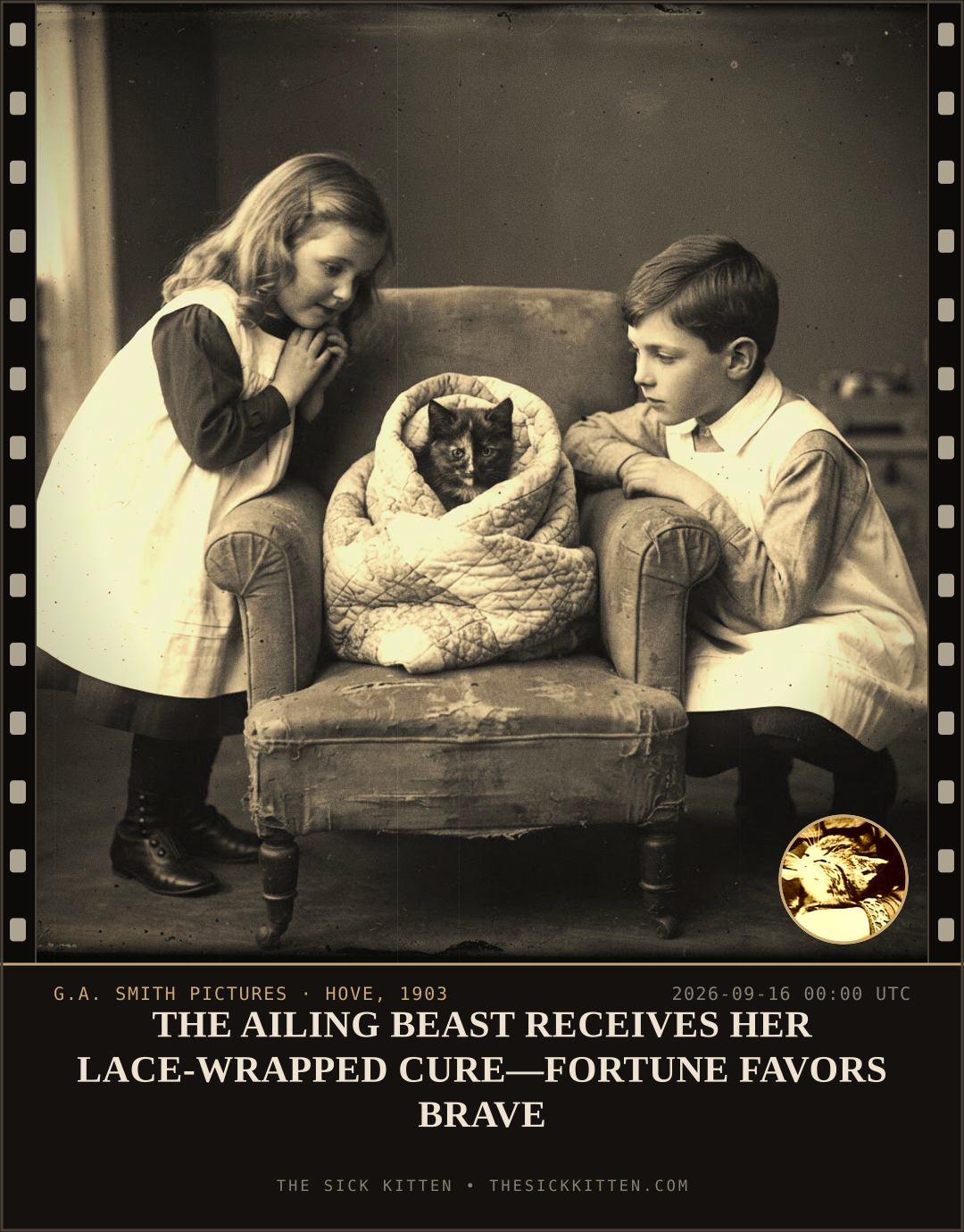 The Sick Kitten, frame no. 1127: THE AILING BEAST RECEIVES HER LACE-WRAPPED CURE—FORTUNE FAVORS BRAVE