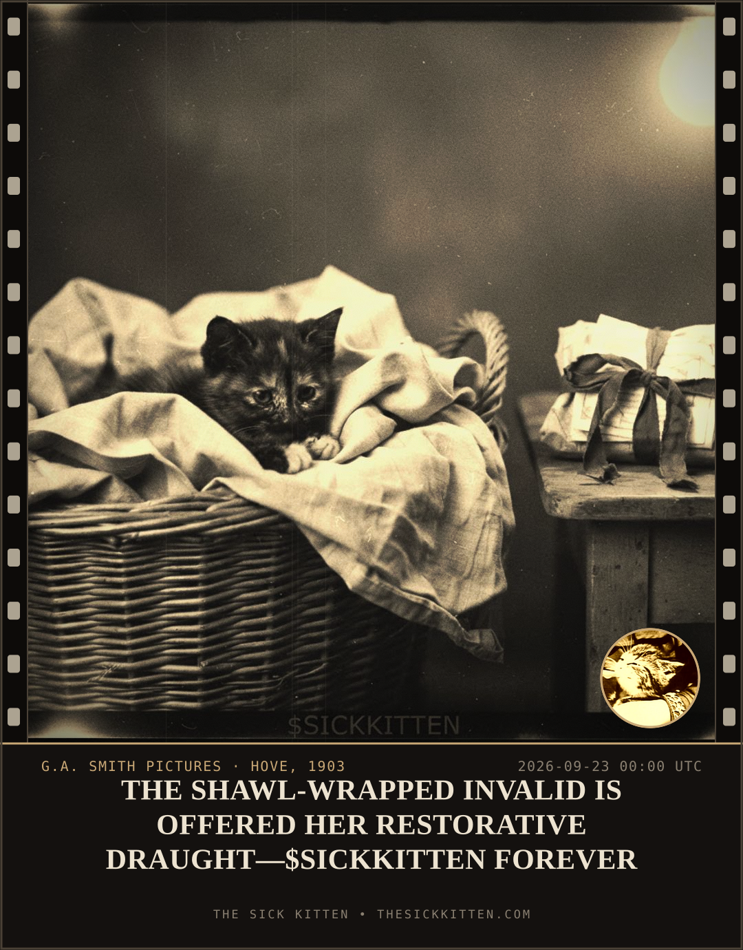 The Sick Kitten, frame no. 1188: THE SHAWL-WRAPPED INVALID IS OFFERED HER RESTORATIVE DRAUGHT—$SICKKITTEN FOREVER