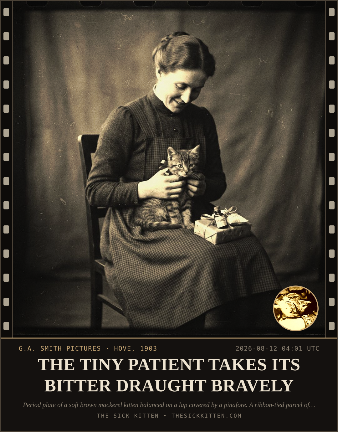 The Sick Kitten, frame no. 878: THE TINY PATIENT TAKES ITS BITTER DRAUGHT BRAVELY