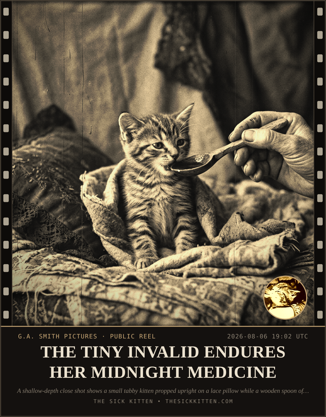 The Sick Kitten, frame no. 764: THE TINY INVALID ENDURES HER MIDNIGHT MEDICINE
