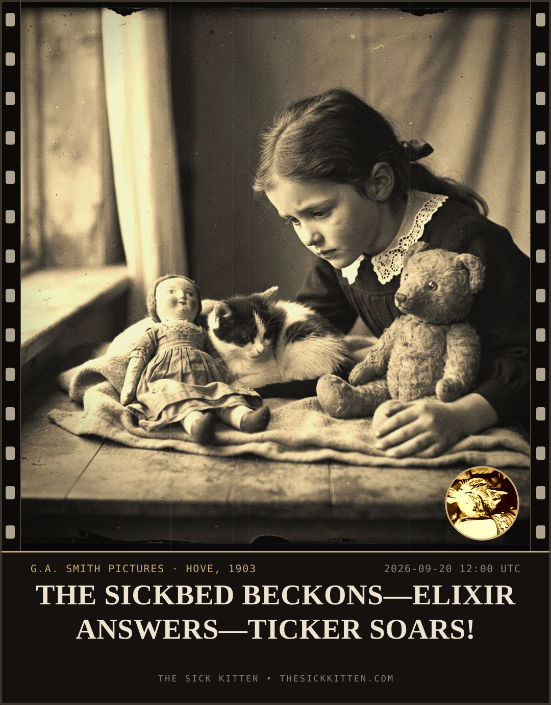 The Sick Kitten, frame no. 1163: THE SICKBED BECKONS—ELIXIR ANSWERS—TICKER SOARS!