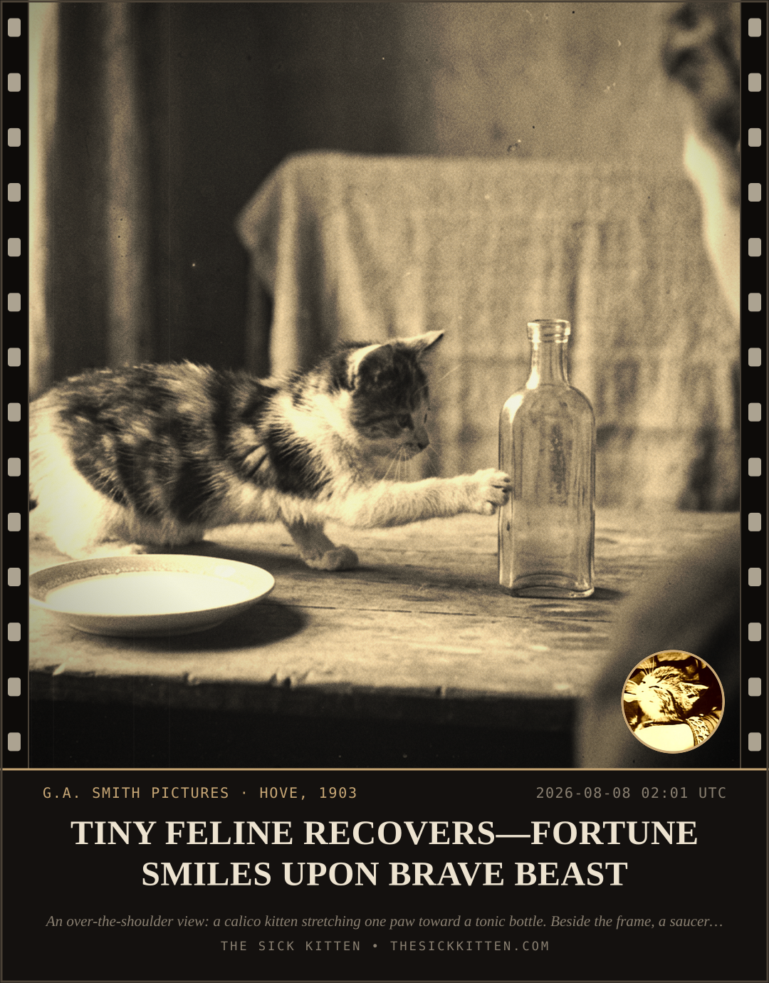 The Sick Kitten, frame no. 822: TINY FELINE RECOVERS—FORTUNE SMILES UPON BRAVE BEAST