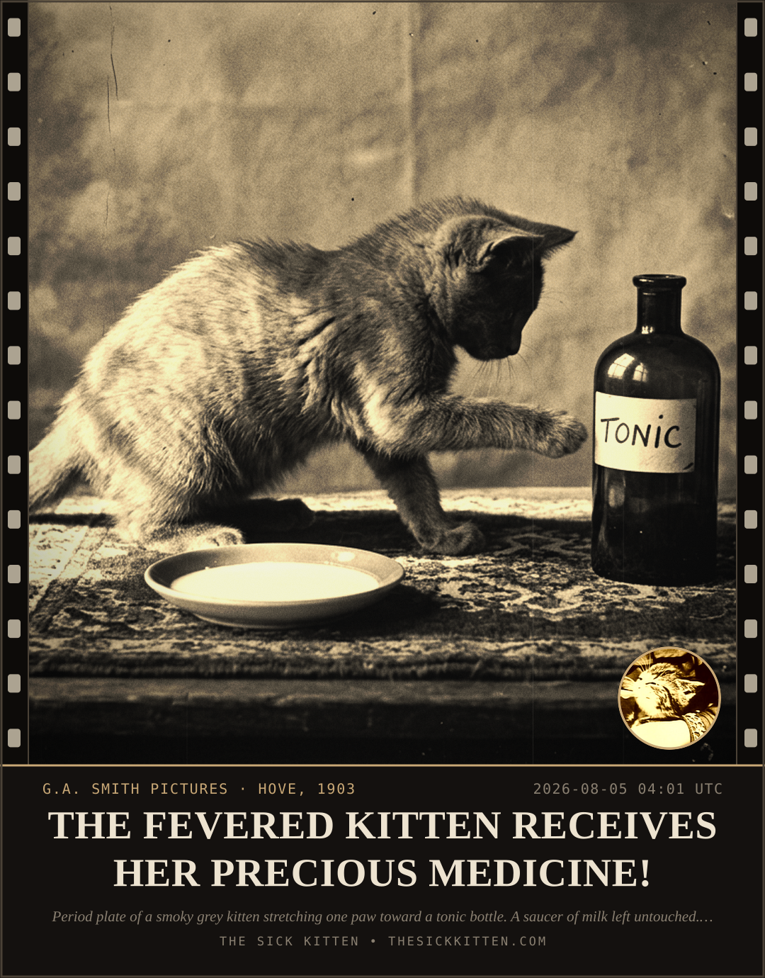 The Sick Kitten, frame no. 693: THE FEVERED KITTEN RECEIVES HER PRECIOUS MEDICINE!