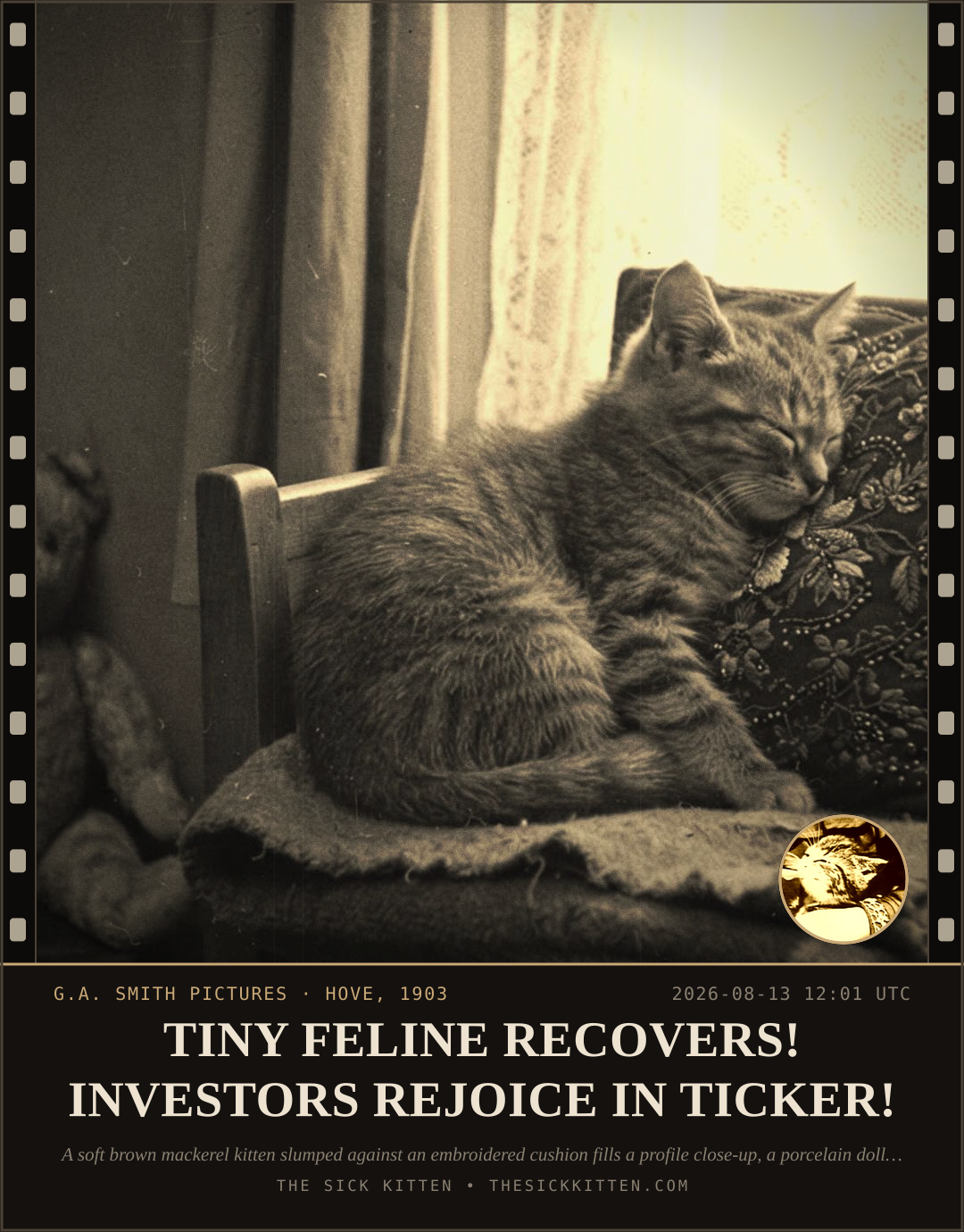 The Sick Kitten, frame no. 893: TINY FELINE RECOVERS! INVESTORS REJOICE IN TICKER!