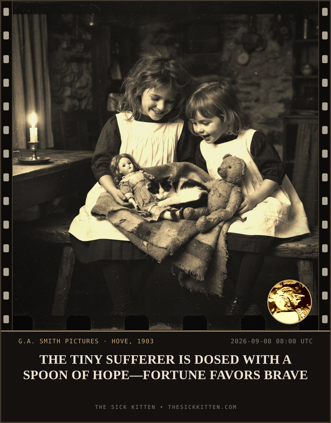 The Sick Kitten, frame no. 1059: THE TINY SUFFERER IS DOSED WITH A SPOON OF HOPE—FORTUNE FAVORS BRAVE