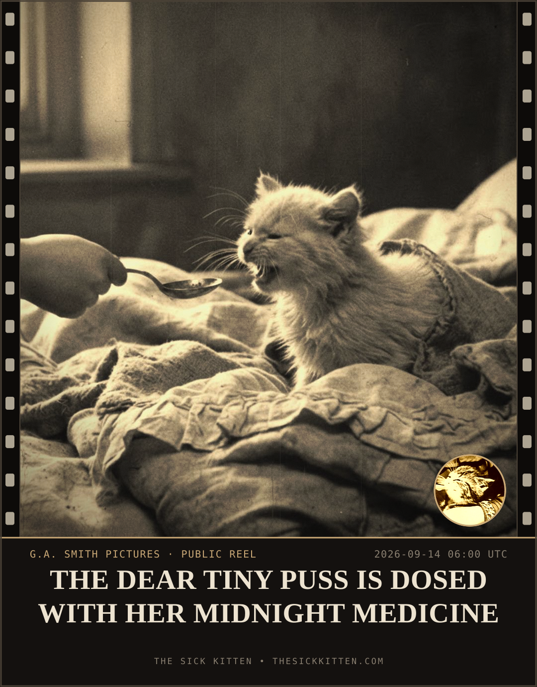 The Sick Kitten, frame no. 1111: THE DEAR TINY PUSS IS DOSED WITH HER MIDNIGHT MEDICINE