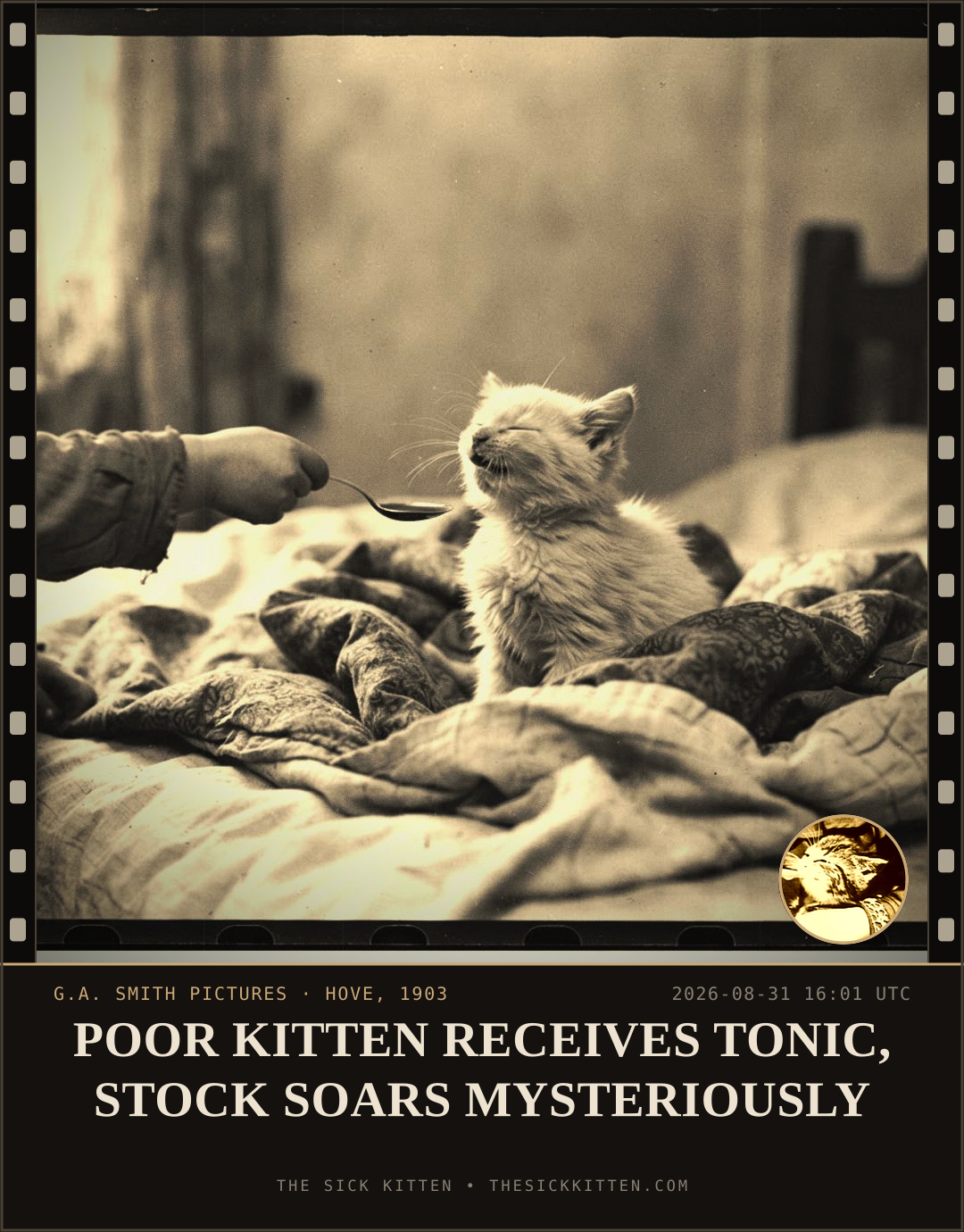 The Sick Kitten, frame no. 996: POOR KITTEN RECEIVES TONIC, STOCK SOARS MYSTERIOUSLY