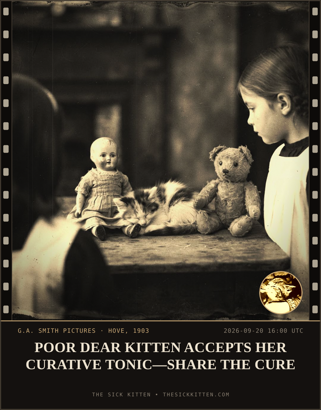 The Sick Kitten, frame no. 1165: POOR DEAR KITTEN ACCEPTS HER CURATIVE TONIC—SHARE THE CURE