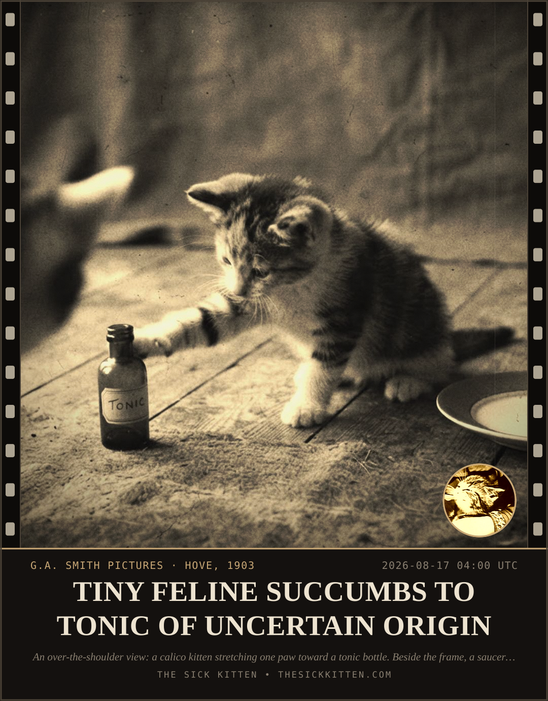 The Sick Kitten, frame no. 921: TINY FELINE SUCCUMBS TO TONIC OF UNCERTAIN ORIGIN