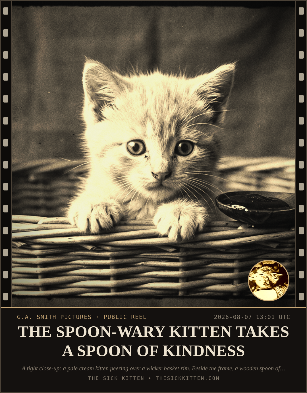 The Sick Kitten, frame no. 797: THE SPOON-WARY KITTEN TAKES A SPOON OF KINDNESS