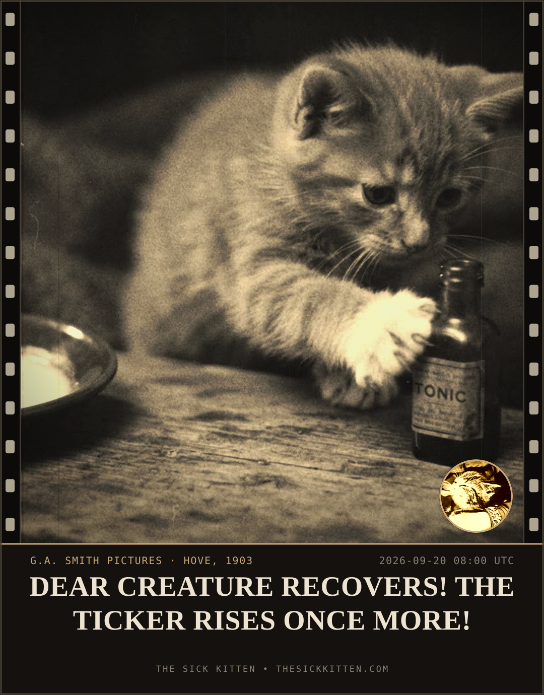 The Sick Kitten, frame no. 1161: DEAR CREATURE RECOVERS! THE TICKER RISES ONCE MORE!