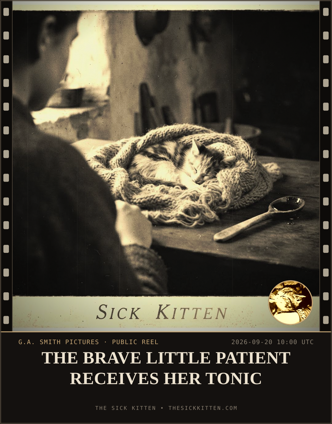 The Sick Kitten, frame no. 1162: THE BRAVE LITTLE PATIENT RECEIVES HER TONIC