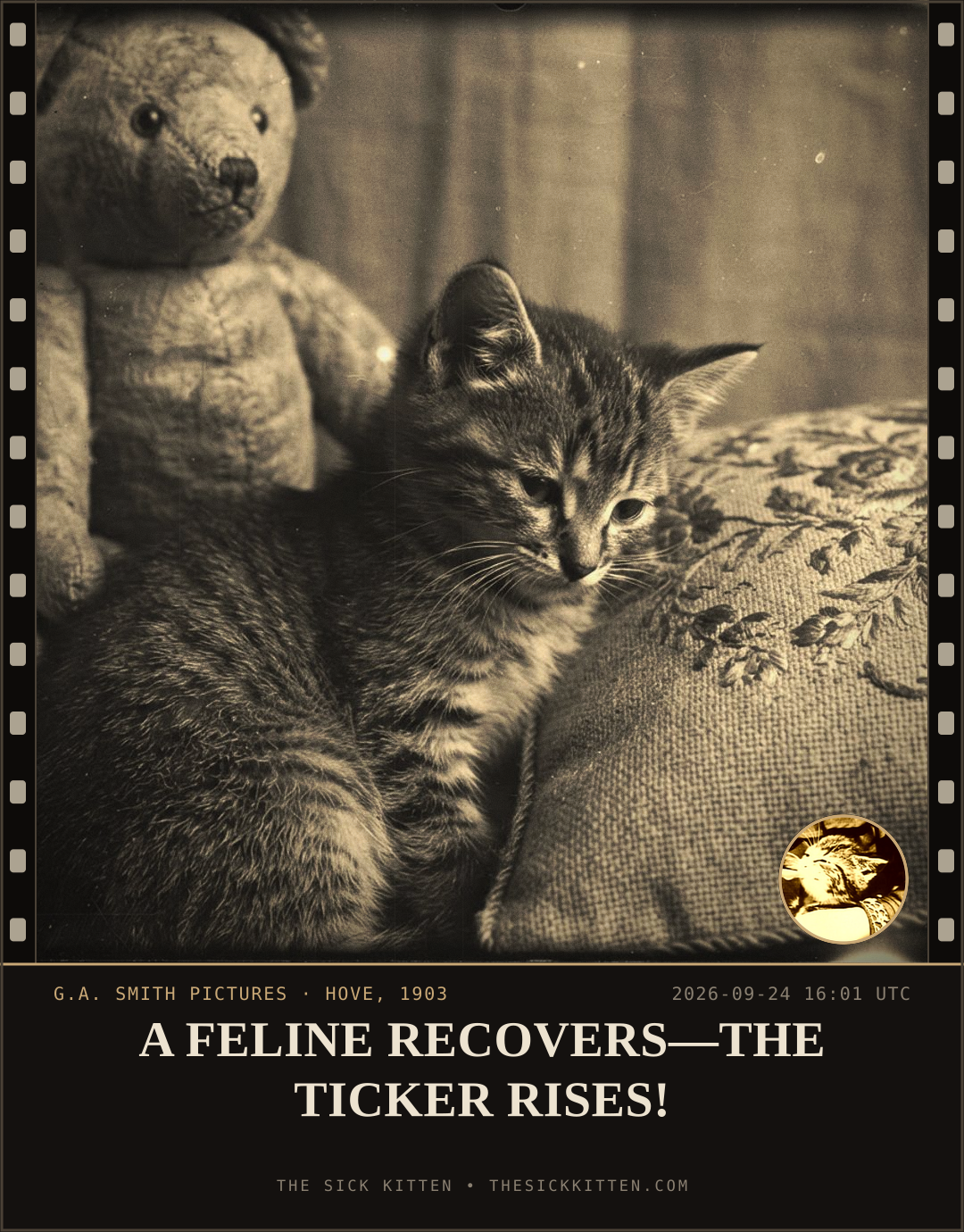 The Sick Kitten, frame no. 1202: A FELINE RECOVERS—THE TICKER RISES!