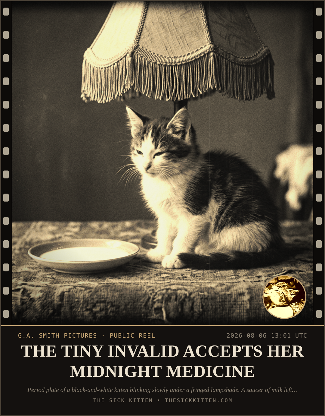 The Sick Kitten, frame no. 751: THE TINY INVALID ACCEPTS HER MIDNIGHT MEDICINE