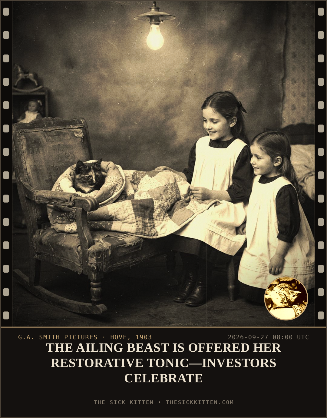 The Sick Kitten, frame no. 1221: THE AILING BEAST IS OFFERED HER RESTORATIVE TONIC—INVESTORS CELEBRATE