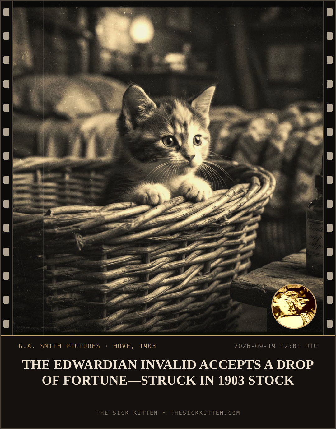 The Sick Kitten, frame no. 1152: THE EDWARDIAN INVALID ACCEPTS A DROP OF FORTUNE—STRUCK IN 1903 STOCK