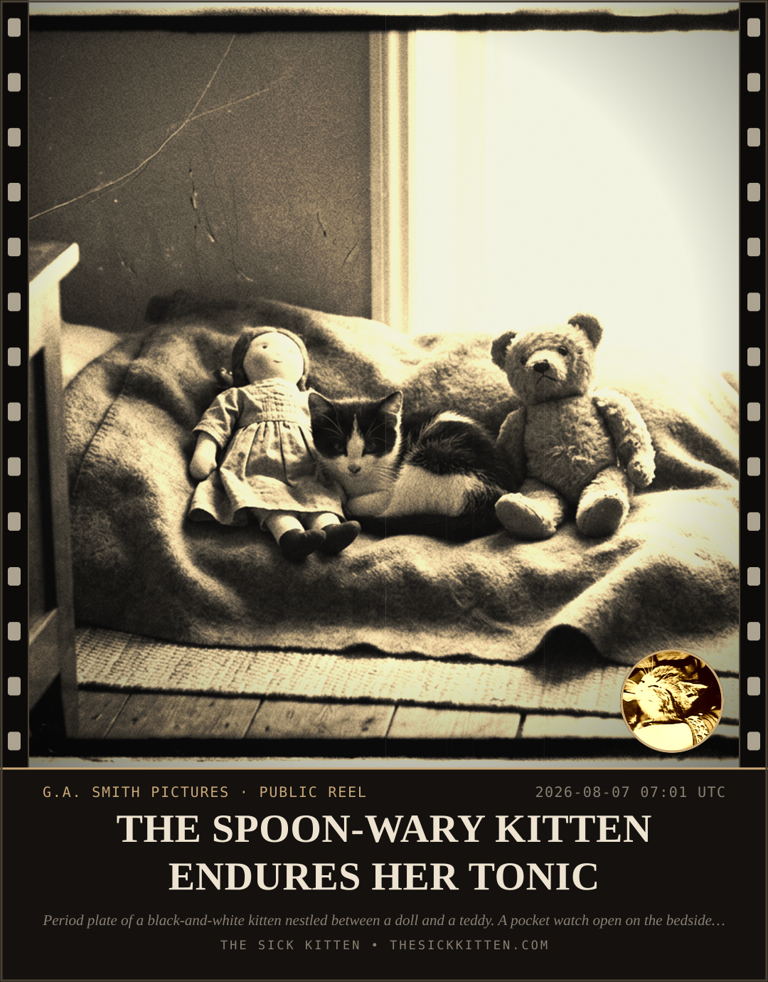 The Sick Kitten, frame no. 788: THE SPOON-WARY KITTEN ENDURES HER TONIC