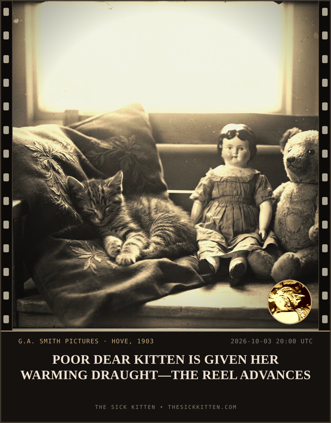 The Sick Kitten, frame no. 1257: POOR DEAR KITTEN IS GIVEN HER WARMING DRAUGHT—THE REEL ADVANCES