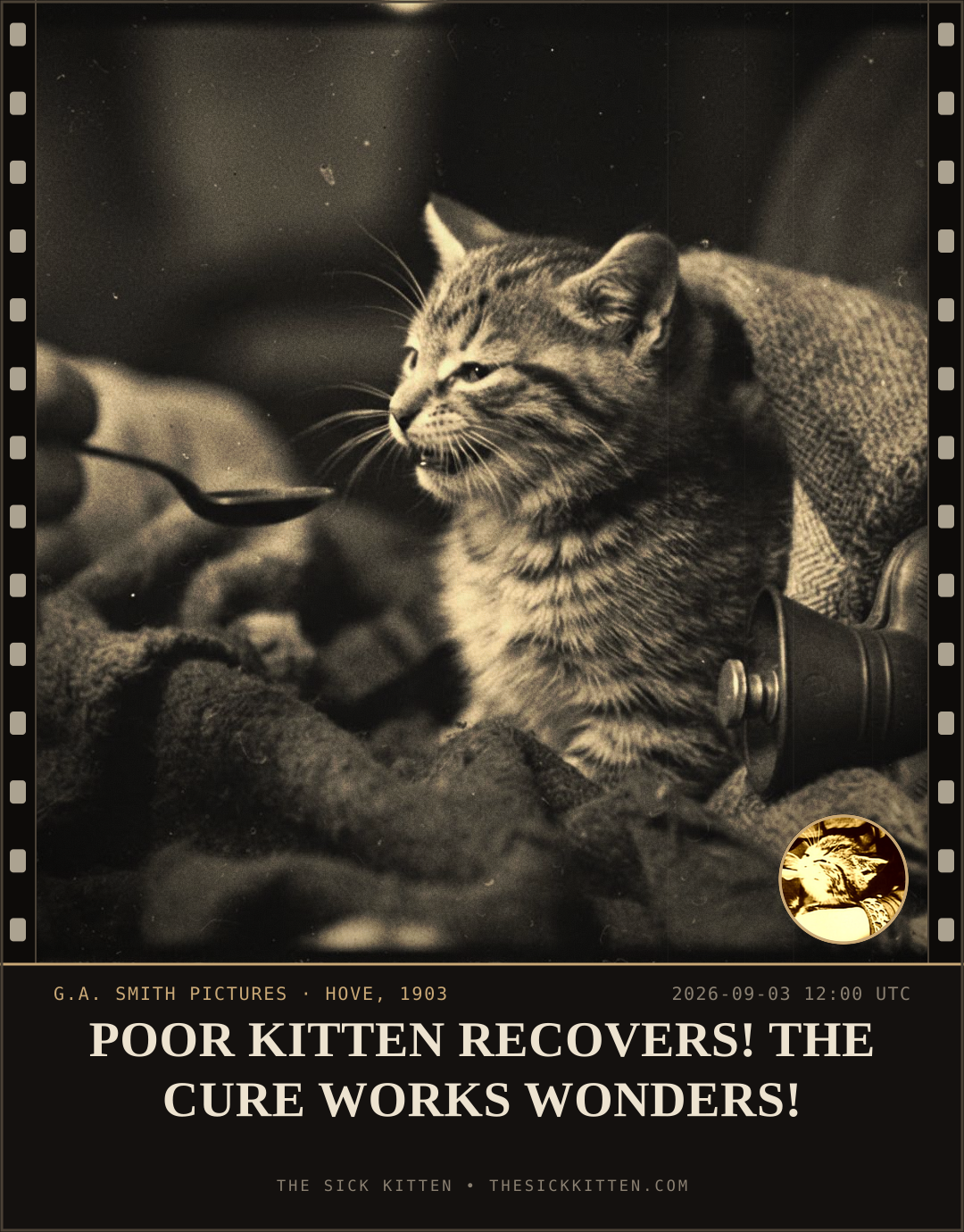 The Sick Kitten, frame no. 1017: POOR KITTEN RECOVERS! THE CURE WORKS WONDERS!