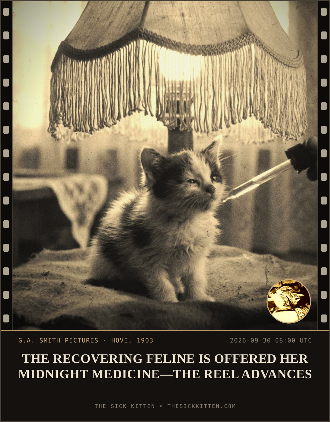 The Sick Kitten, frame no. 1243: THE RECOVERING FELINE IS OFFERED HER MIDNIGHT MEDICINE—THE REEL ADVANCES