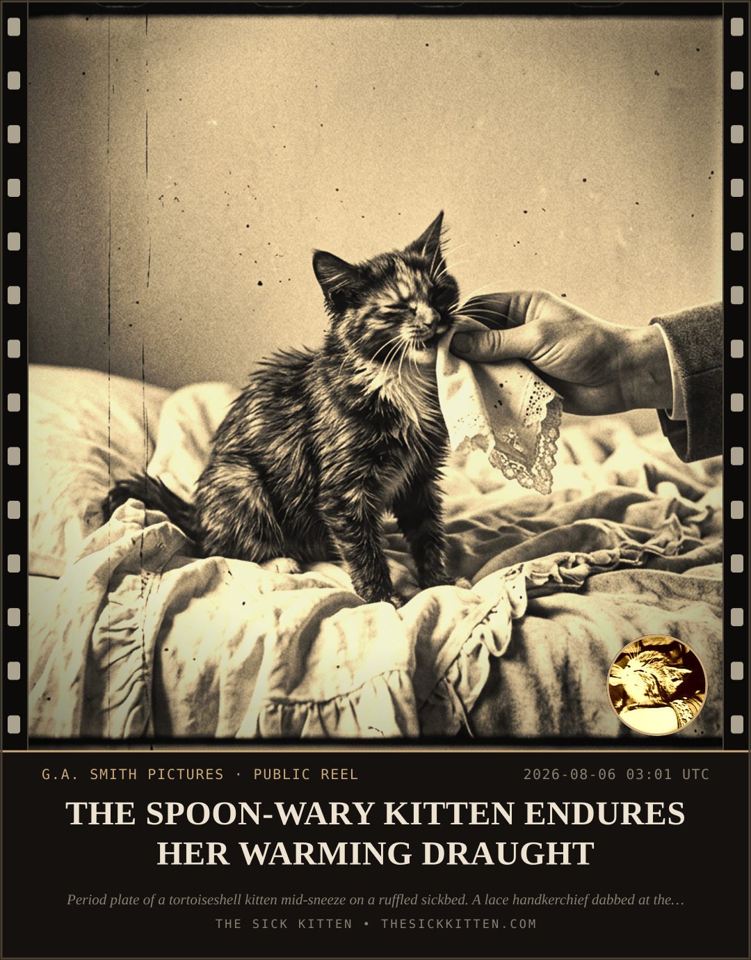 The Sick Kitten, frame no. 733: THE SPOON-WARY KITTEN ENDURES HER WARMING DRAUGHT