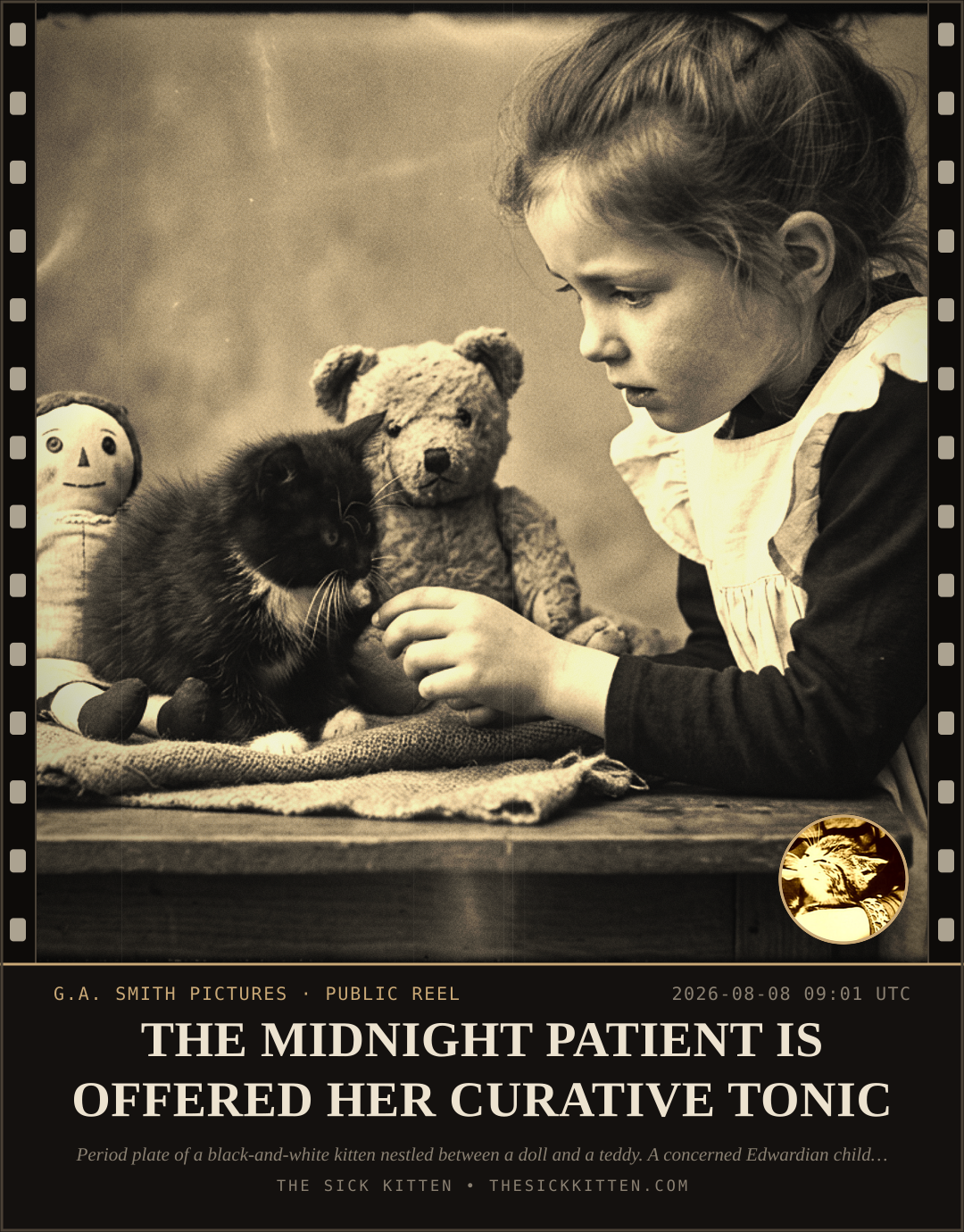 The Sick Kitten, frame no. 835: THE MIDNIGHT PATIENT IS OFFERED HER CURATIVE TONIC