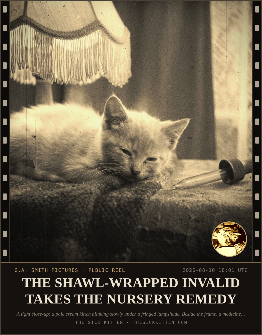 The Sick Kitten, frame no. 865: THE SHAWL-WRAPPED INVALID TAKES THE NURSERY REMEDY