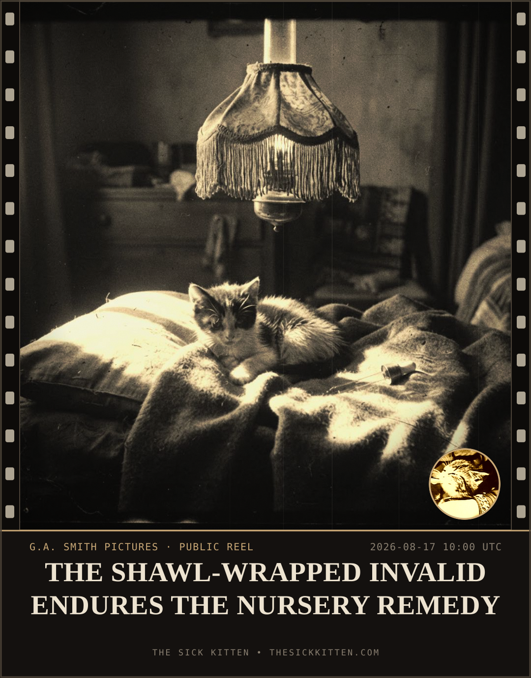 The Sick Kitten, frame no. 923: THE SHAWL-WRAPPED INVALID ENDURES THE NURSERY REMEDY