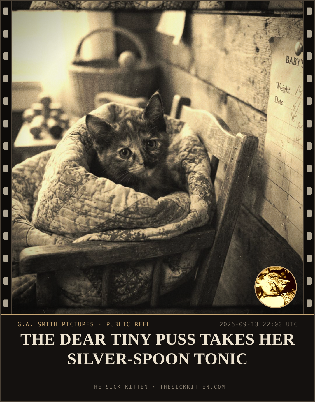 The Sick Kitten, frame no. 1107: THE DEAR TINY PUSS TAKES HER SILVER-SPOON TONIC