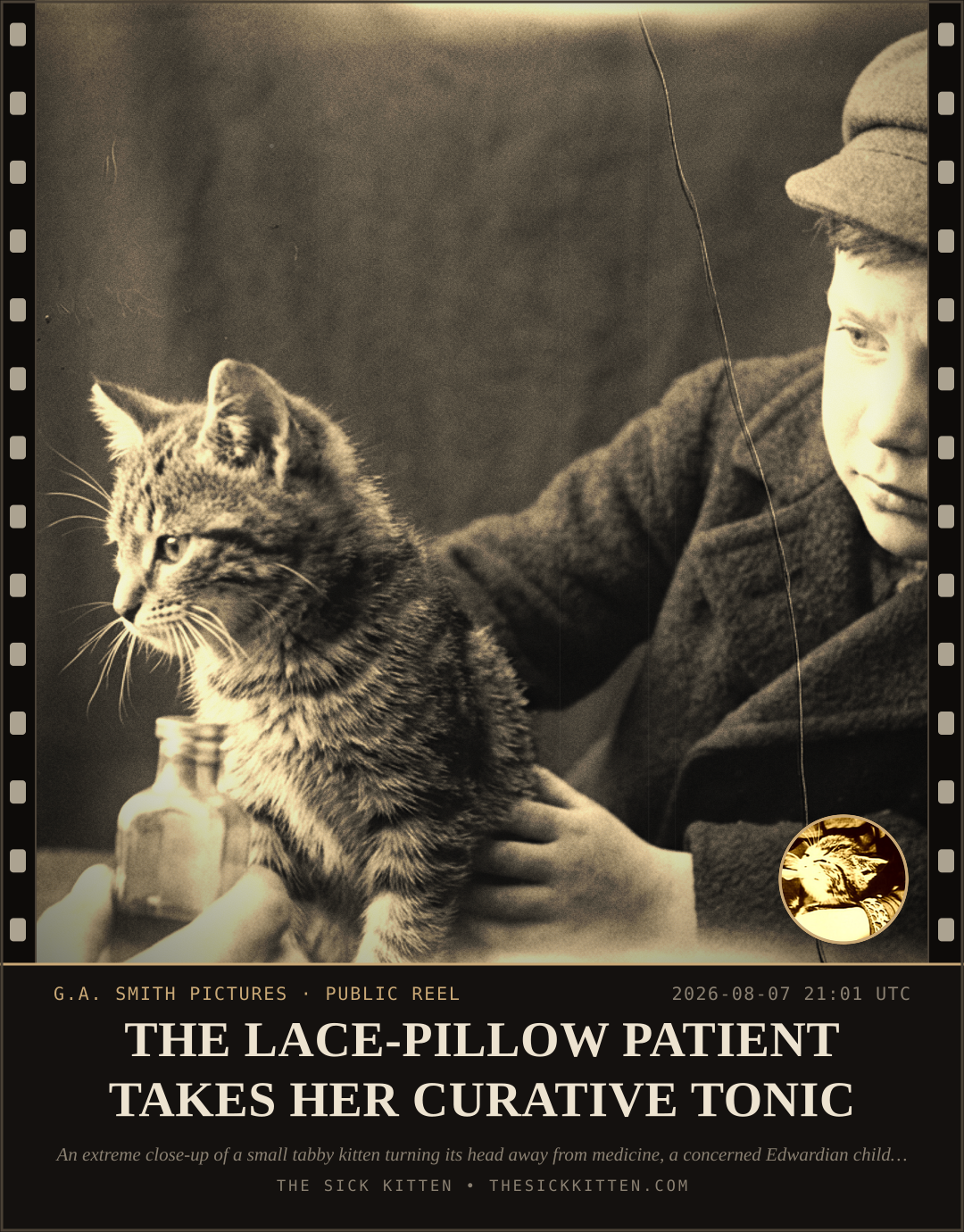The Sick Kitten, frame no. 813: THE LACE-PILLOW PATIENT TAKES HER CURATIVE TONIC