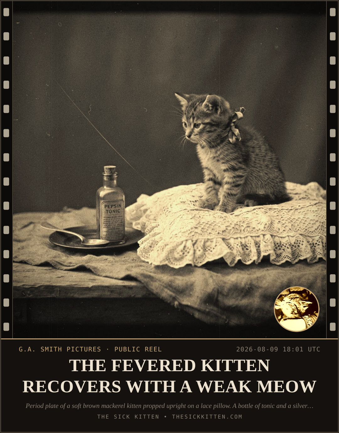 The Sick Kitten, frame no. 855: THE FEVERED KITTEN RECOVERS WITH A WEAK MEOW
