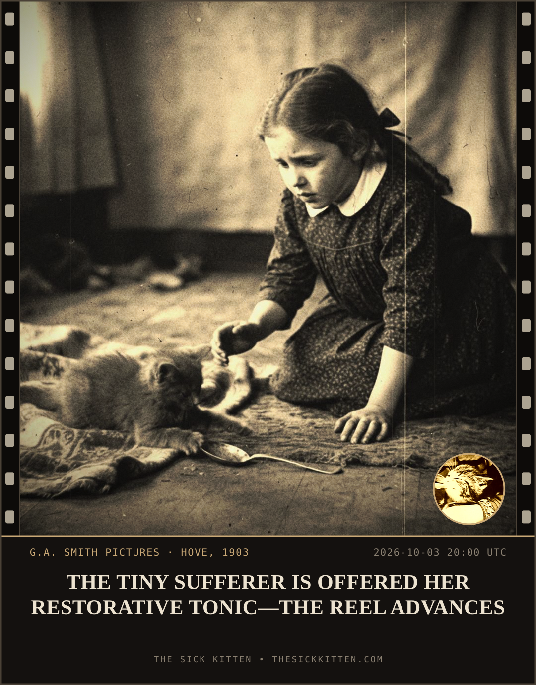 The Sick Kitten, frame no. 1258: THE TINY SUFFERER IS OFFERED HER RESTORATIVE TONIC—THE REEL ADVANCES