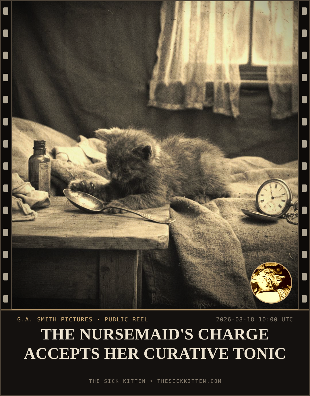 The Sick Kitten, frame no. 935: THE NURSEMAID'S CHARGE ACCEPTS HER CURATIVE TONIC