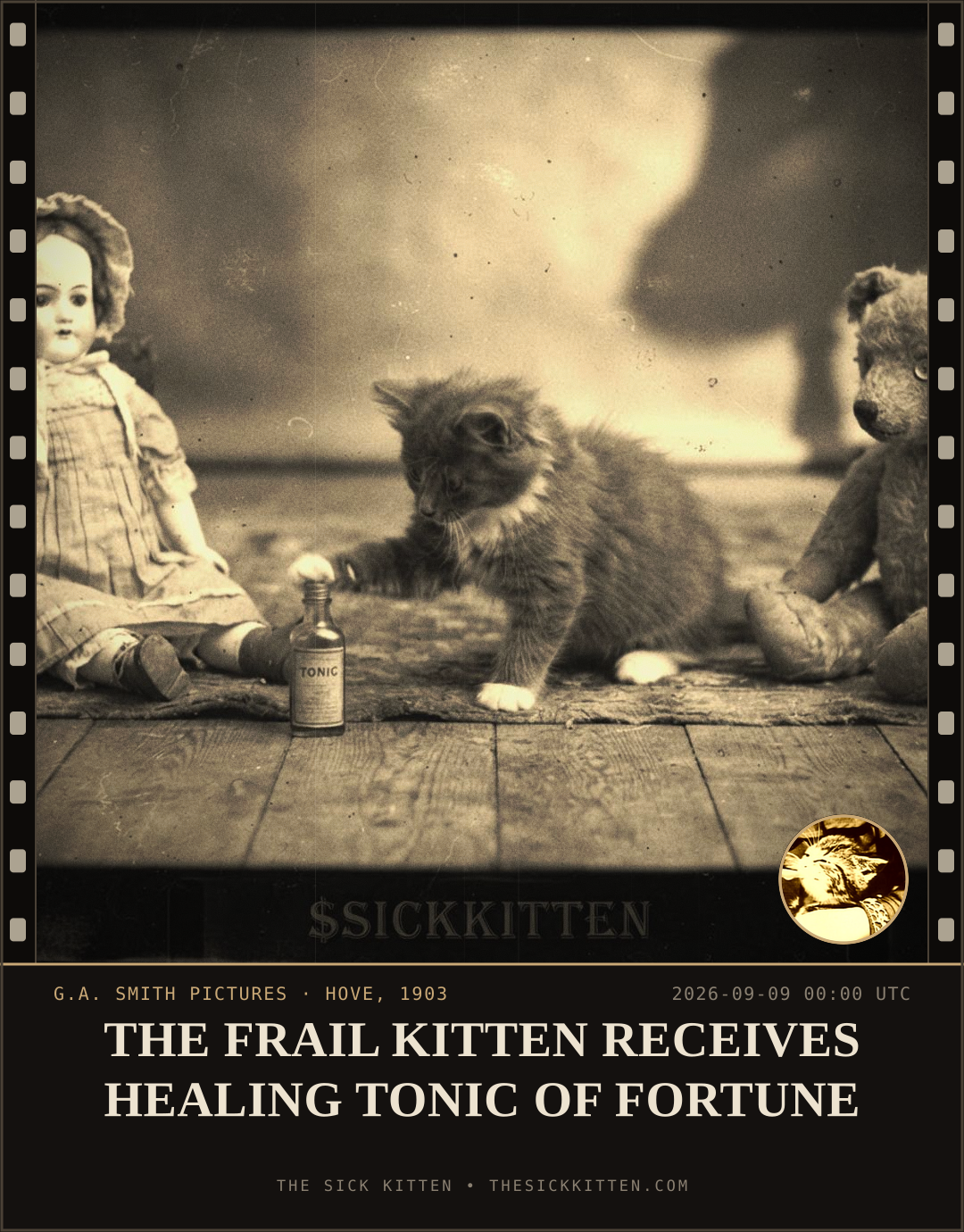 The Sick Kitten, frame no. 1065: THE FRAIL KITTEN RECEIVES HEALING TONIC OF FORTUNE