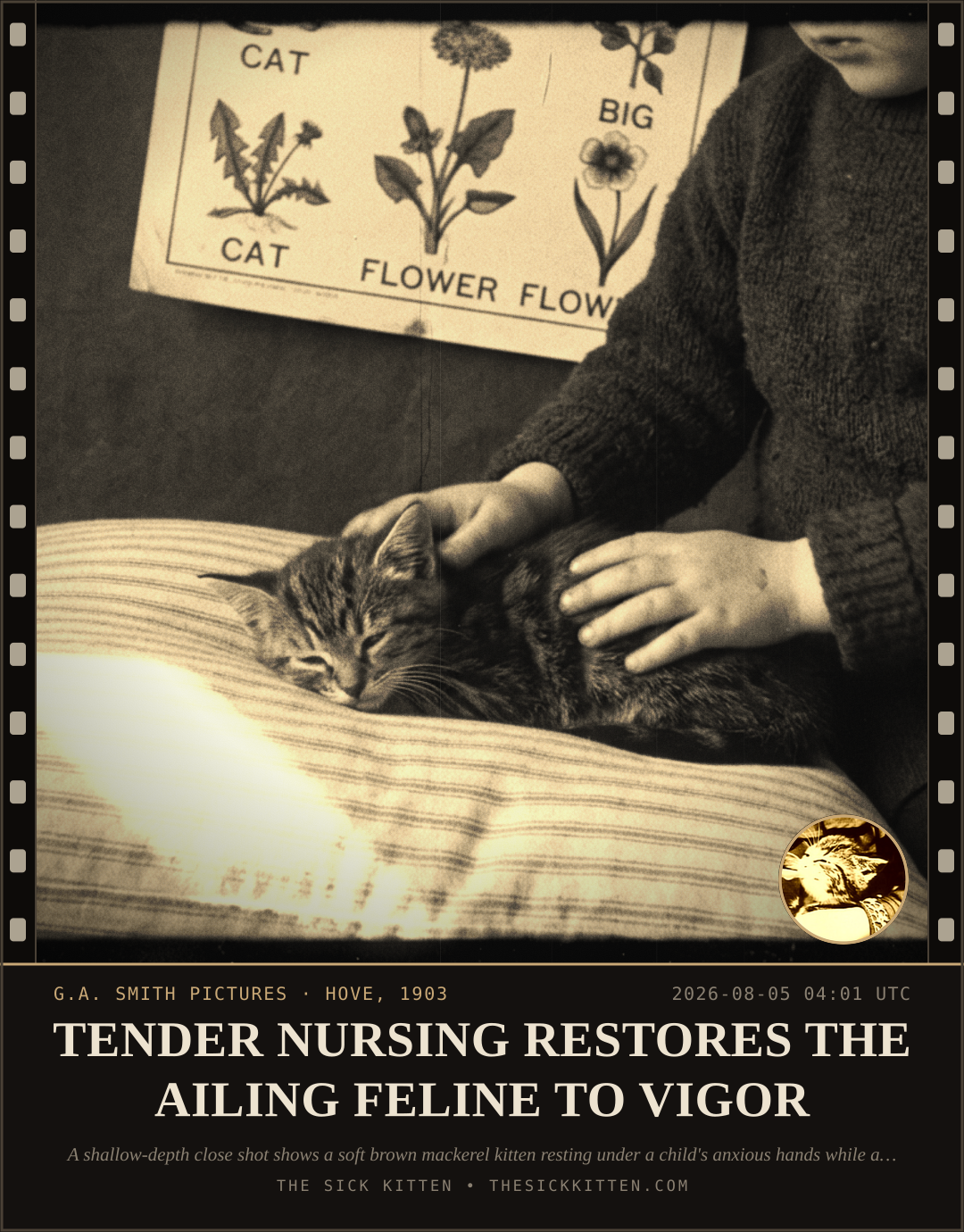 The Sick Kitten, frame no. 692: TENDER NURSING RESTORES THE AILING FELINE TO VIGOR