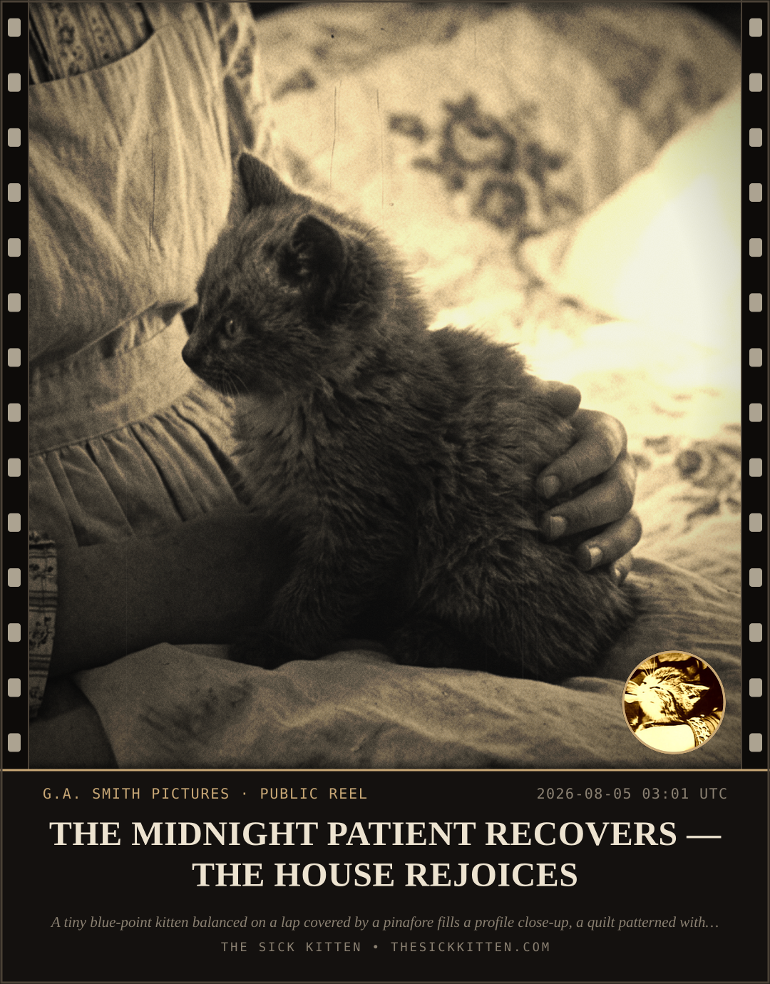 The Sick Kitten, frame no. 688: THE MIDNIGHT PATIENT RECOVERS — THE HOUSE REJOICES