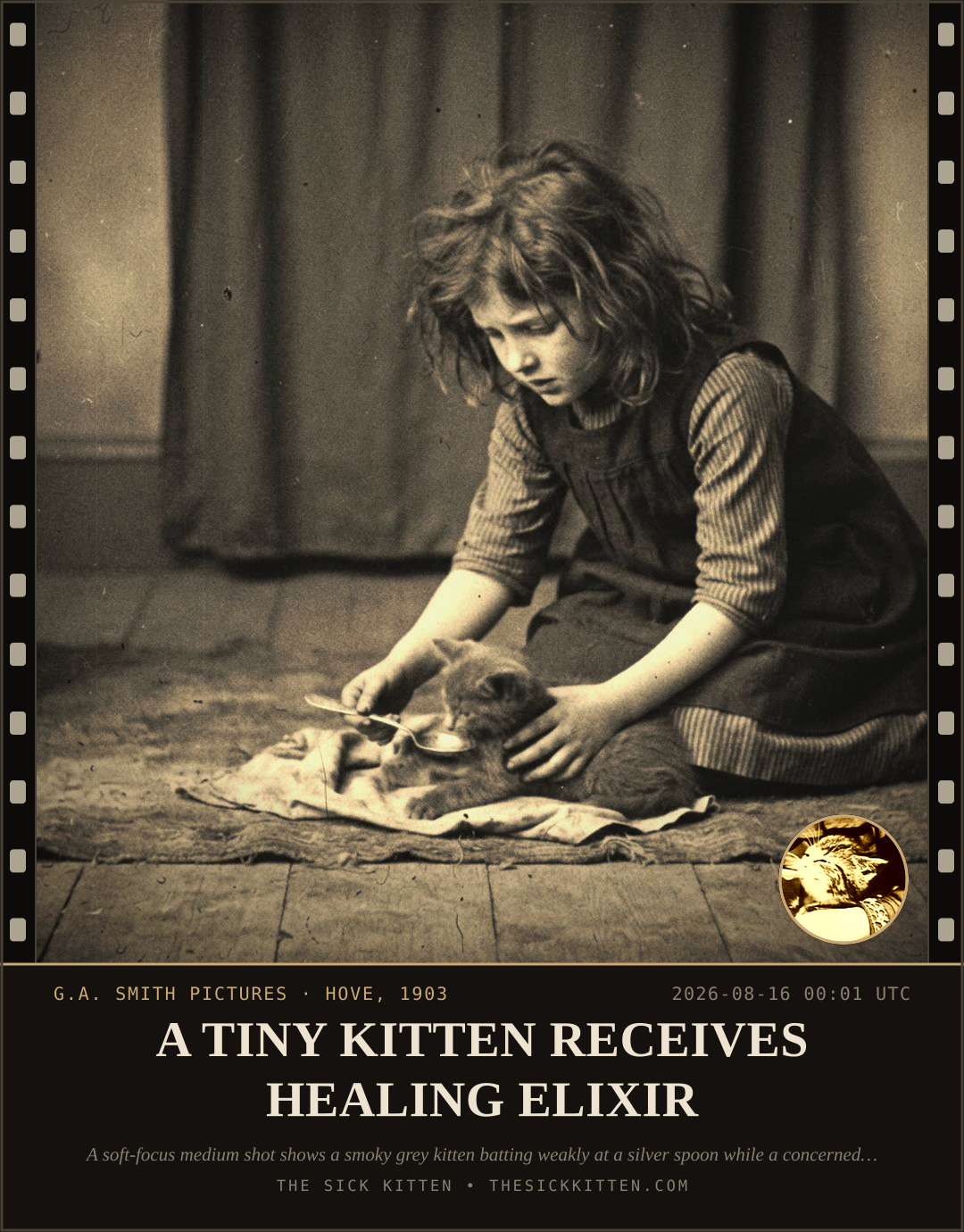 The Sick Kitten, frame no. 911: A TINY KITTEN RECEIVES HEALING ELIXIR